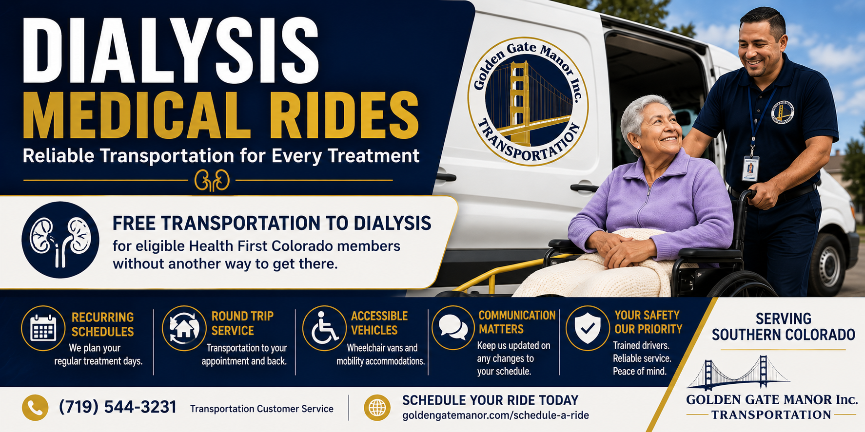 Golden Gate Manor Transportation dialysis medical rides banner showing a driver assisting an older woman in a wheelchair beside an accessible van, with recurring and round-trip transportation for eligible Health First Colorado members in Southern Colorado.
