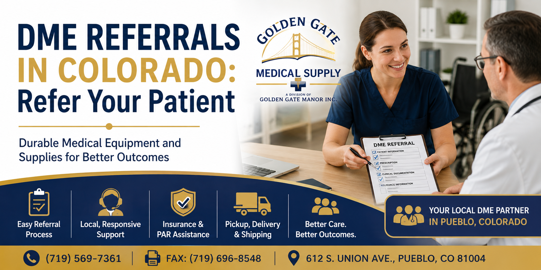 Golden Gate Medical Supply staff member reviewing a DME referral with a healthcare provider, highlighting local referral, insurance, delivery, and patient-support services in Colorado.