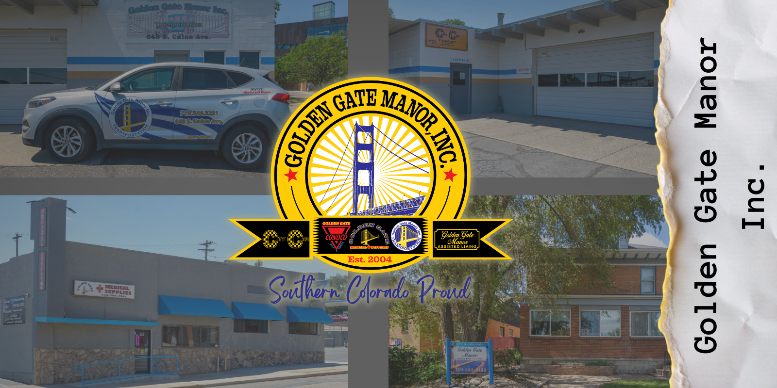 Golden Gate Manor Inc. 4 photos, top left NEMT vehicle, top right entrance to City Cab, bottom left Medical Supply Storefront, and bottom right Assisted living Facility